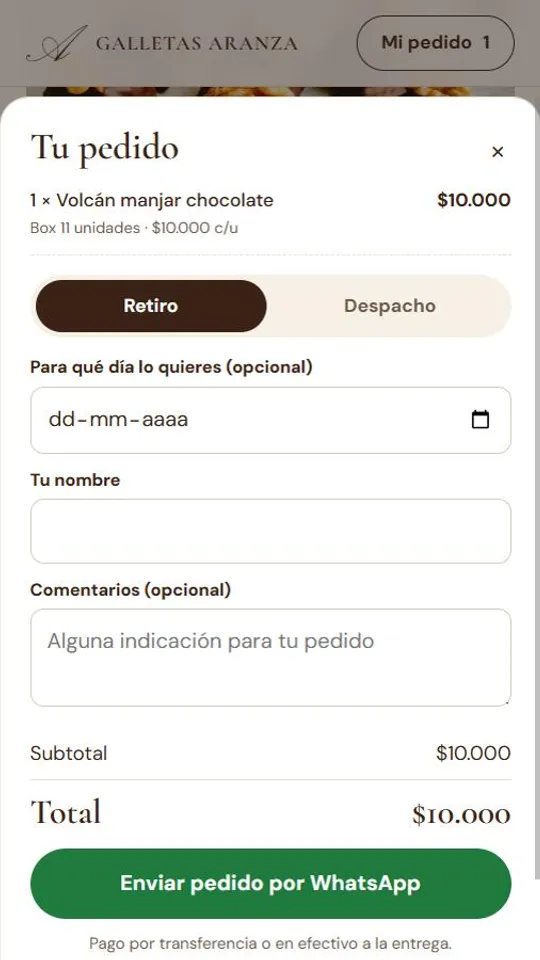 Carrito de Galletas Aranza con envío del pedido por WhatsApp